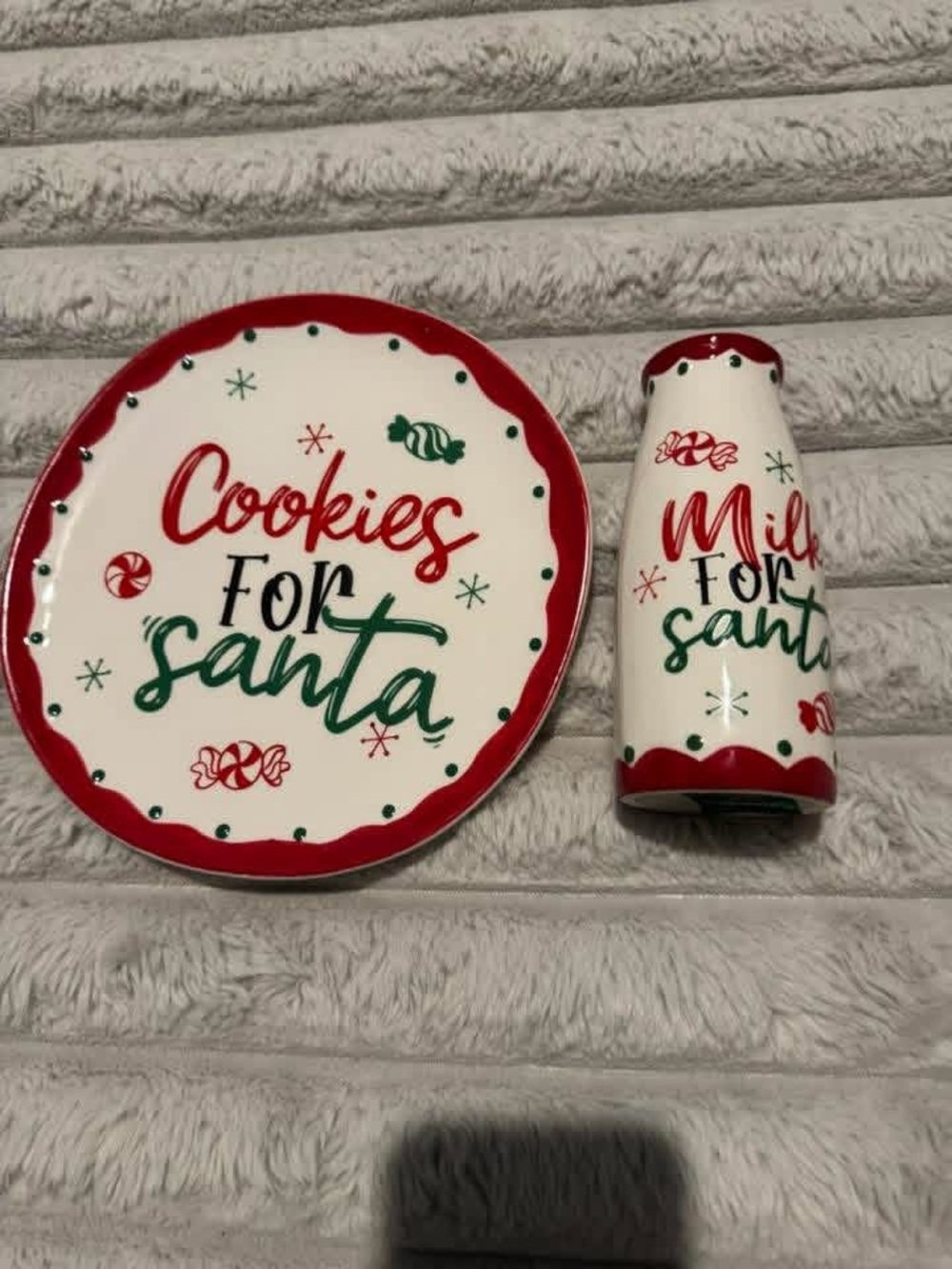 Cookies for Santa Plate and Milk Bottle Set - Red, White, Green Holiday Ceramic